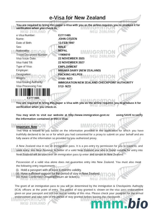 Nowa Zelandia szablon e-visa Wersja 2